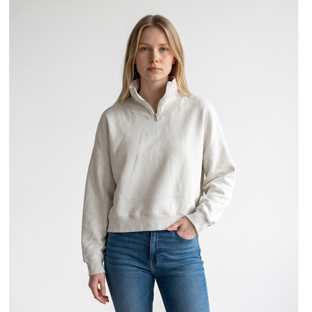 Outdoor Voices Nimbus quarter zip cotton sweatshirt white Minimalist Cropped L